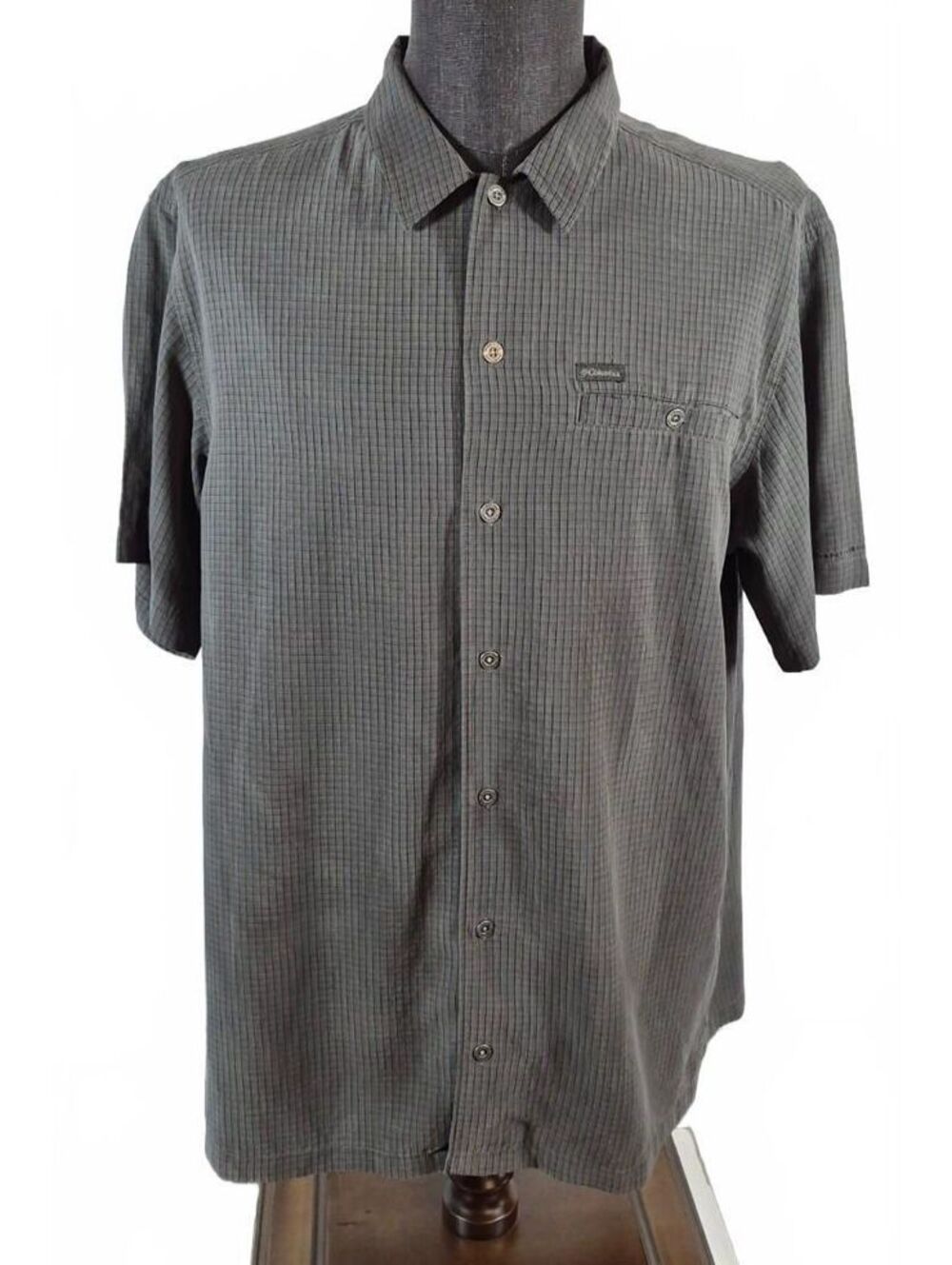 Columbia Omni-Shield Men’s L Brushed Tech Shirt Gray Olive Plaid Button Up